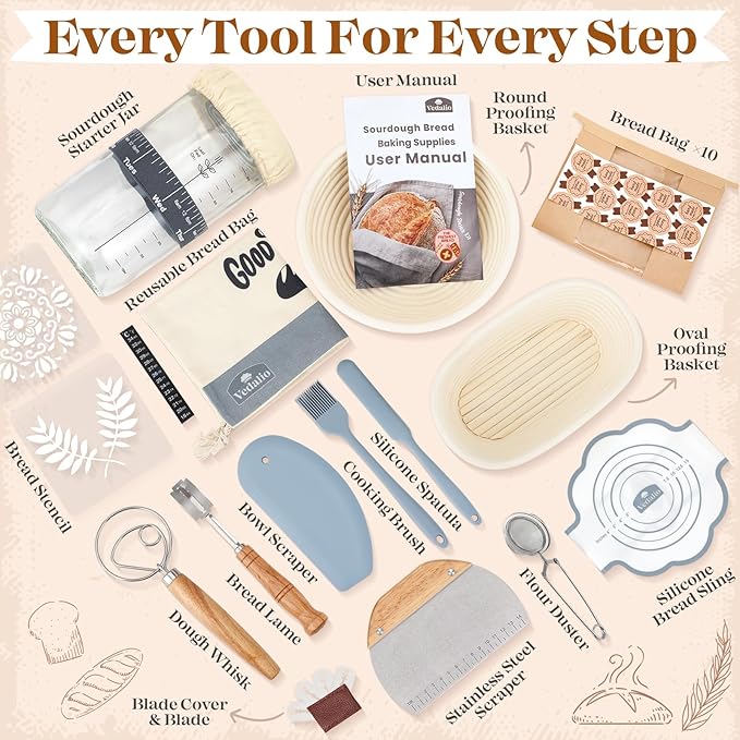 Sourdough Starter Kit, Sourdough Bread Baking Supplies, Bread Proofing Basket, Sourdough Kit for Modern Home and Kitchen, Sourdough Bread Basket, Sour Dough Kit Tools, Bread Making Tools Kit