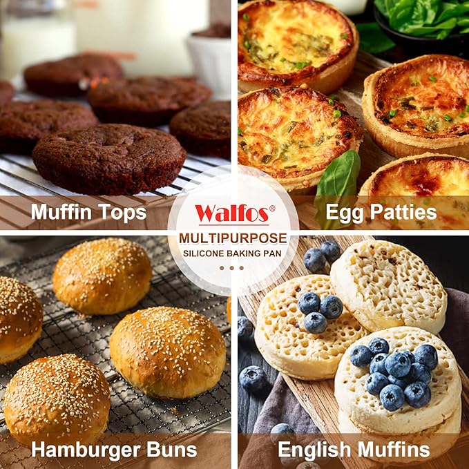 Walfos Silicone Muffin Top Pans for Baking 4inch Jumbo Size, Perfect Results Premium Non-Stick Bakeware Egg Baking Pan, Great for Eggs, Hamburger Bun, Muffin Top and More, Food Grade & BPA Free, 2pcs