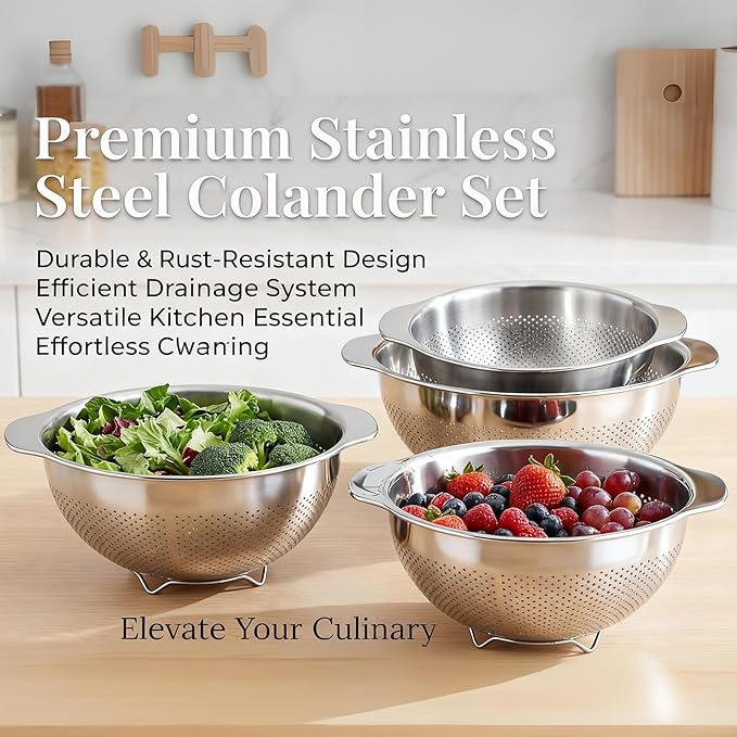 18/8 Stainless Steel Strainer and Colander for Kitchen, Pasta Strainer with Handle, Metal Colander for Spaghetti, Rice, Fruit, Vegetables, Noodles and Eggs, Collander and Sieve （3QT）
