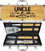 Uncle Gifts, Uncle Gift from Niece Fathers Day Heavy Duty Wooden BBQ Grilling Accessories Kit for Backyard, Thick Stainless Steel Grill Utensils with Non-Slip Handle Tools in Portable Bag Father's Day