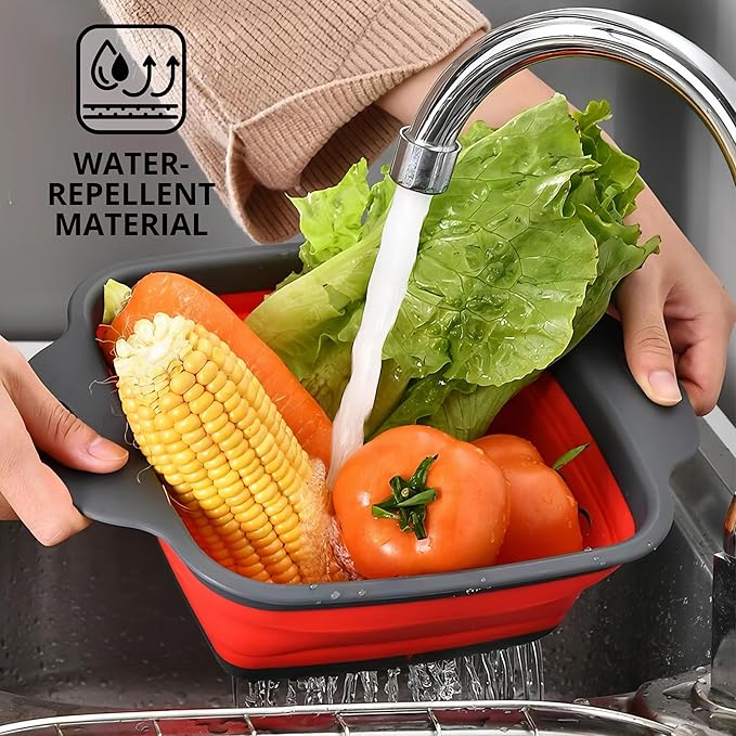 Square Collapsible Colander with Handles – Red Square Silicone Kitchen Strainers with Plastic Handles Foldable Kitchen Strainer Perfect for Draining Pasta Vegetable and Fruit Red