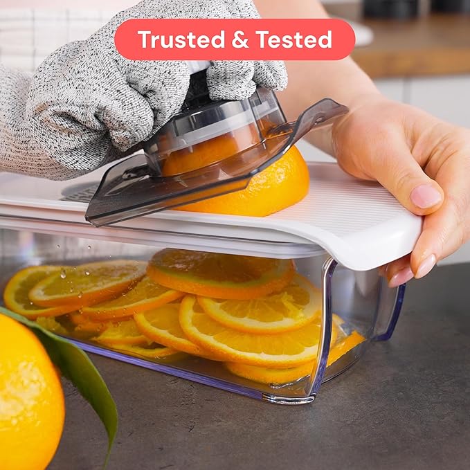 Fullstar Mandoline Slicer for Kitchen, Fruit Cutter, Cheese Grater, Cucumber Slicer, Veggie Spiralizer, Food Cutter & Kitchen Gadgets & Gifts with Safety Glove (6 in 1, White)