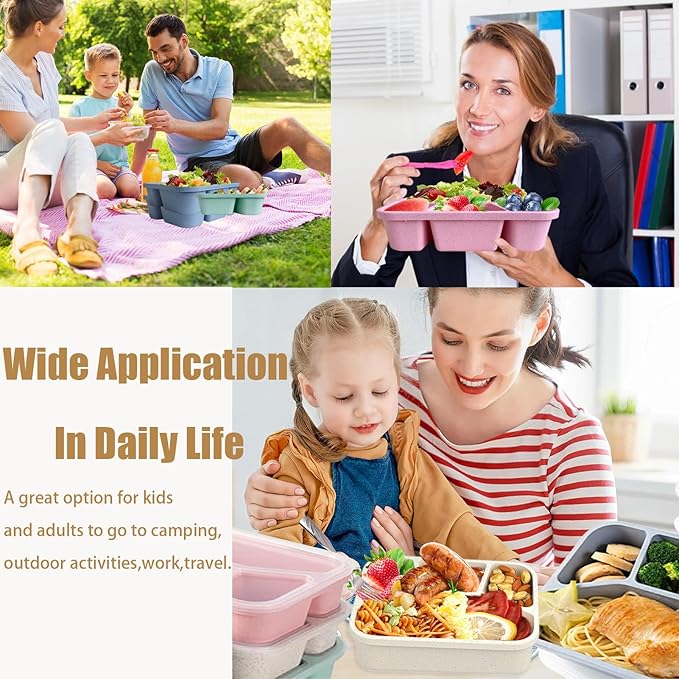 15 PCS Bento Box, 4 Compartment Bento Box Adult Set, Wheat Straw Bento Lunch Box, Reusable Lunch Snack Box, Microwave, Dishwasher and Freezer Safe Meal Prep Containers for Work, School and Travel