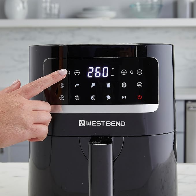 West Bend Compact Air Fryer 5-Quart Capacity with Digital Controls LCD Display and 10 Cooking Presets with Shake Reminder, Nonstick Frying Basket, 1500-Watts, Black