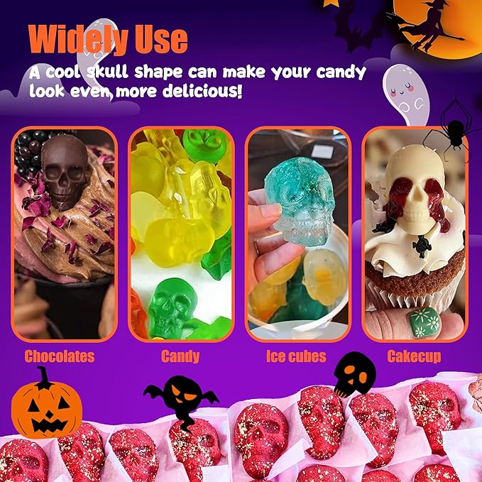 3 Pack Halloween Gummy Skull Candy Molds Silicone,Halloween Mini Skull Mold with 2 Droppers for Chocolate, Candy,Ice Cube - Orange，Red，Black