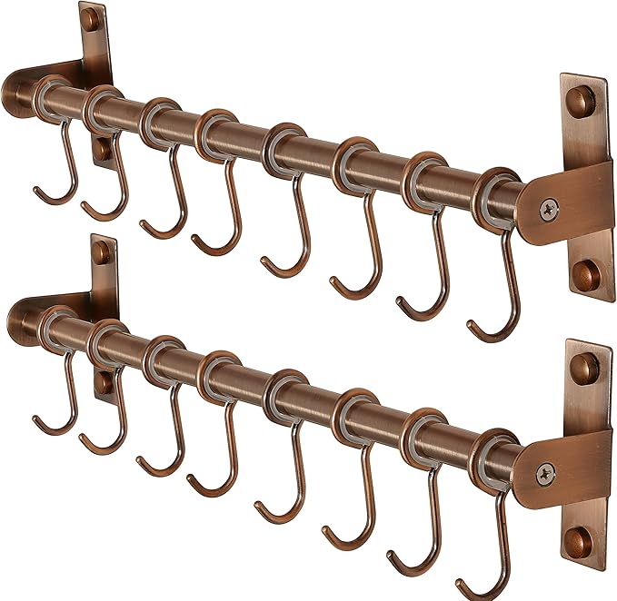 Dseap Kitchen Hooks for Hanging Utensils, Hanging Pot Rack, Kitchen Utensil Hanger Rail with 8 Hooks for Pots Pans, Spoons, Mugs, Wall Mounted, Stainless Steel, Antique Copper, Pack of 2