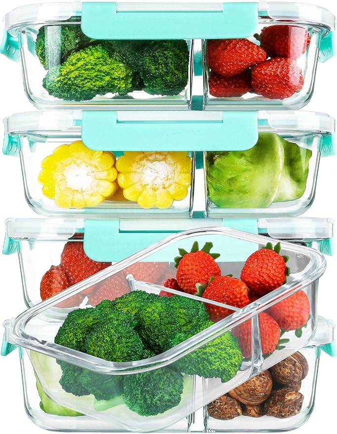 [5-Pack,36 Oz]Glass Meal Prep Containers 2 Compartments Portion Control with Upgraded Snap Locking Lids Glass Food Storage Containers, Microwave, Oven, Freezer and Dishwasher (4.5 Cups, Green)