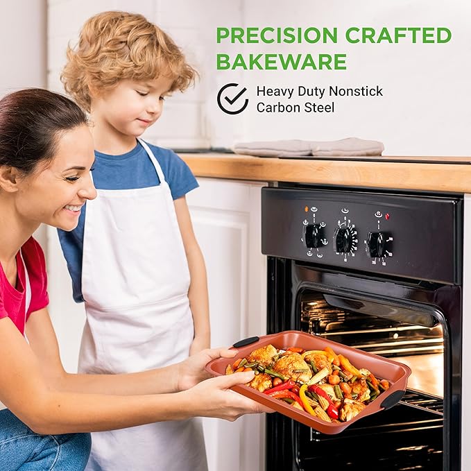 NutriChef 8-Piece Baking Pans Set - Nonstick Bakeware Set w/Silicone Handles, Includes 12 Cup Muffin, Round Cake, Pizza, Loaf & Square Pan, & Cookie Sheet - Dishwasher Safe & Easy Cleanup - Copper