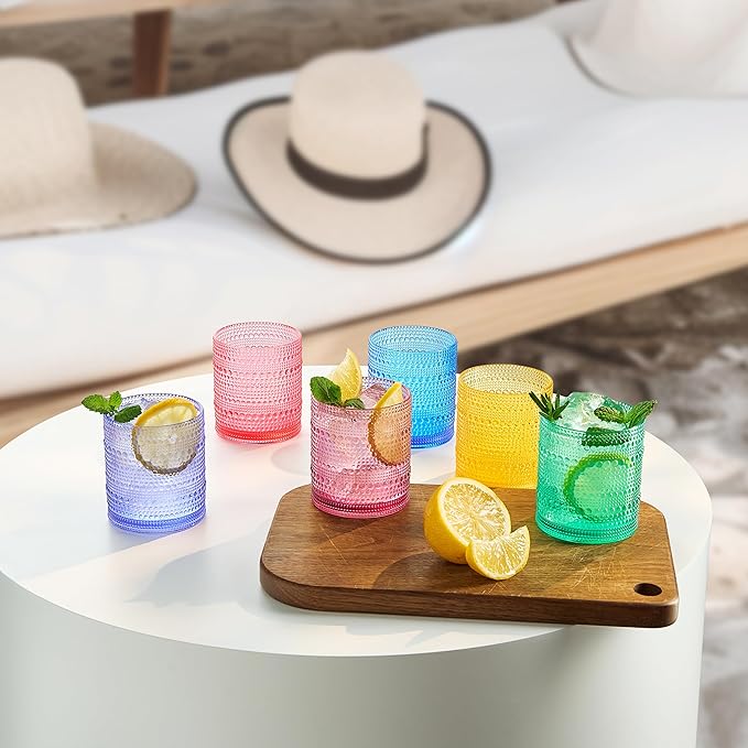 Khen Plastic Hobnail Drinking Glasses Set of 6 Bright Tones Cups 14oz, Shatterproof & Unbreakable Acrylic Beaded Design, BPA-Free, Dishwasher Safe Indoor/Outdoor Drinkware for Water, Juice, Cocktails