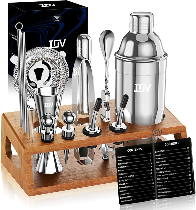 IOV Cocktail Shaker Set Bartender Kit with Stand | Bar Set Drink Mixer Set Includes Martini Shaker, Jigger, Strainer, Mixing Spoon, Muddler, Recipe Book | Home Bar Accessories Gift Set (Silver)