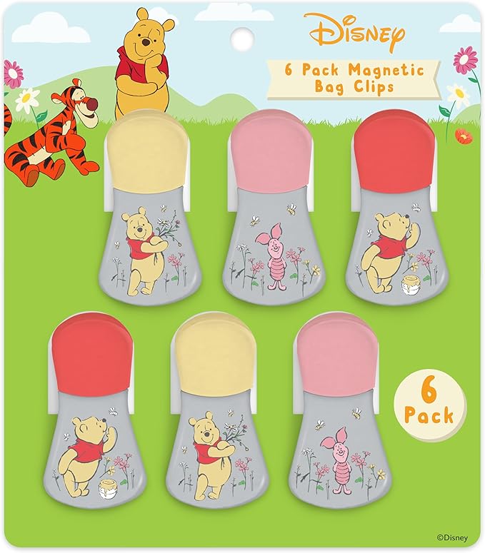 Disney Magnetic Chip Clips – Set of 6 Bag Clips for Food Storage - Mickey, Minnie, Lilo & Stitch, Winnie The Pooh – Durable Airtight Bag Chip Clips for Pantry & Fridge Use