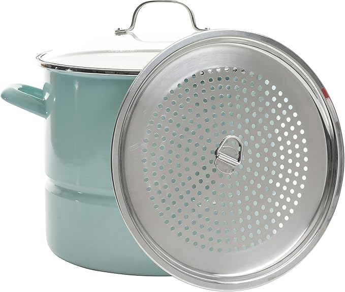 Kenmore Broadway 16-Quart Stock Pot With Steamer Insert and Lid, Glacier Blue, Large Stainless Steel Cookware for Boiling, Steaming, and Soups