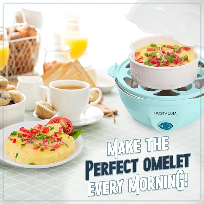 Nostalgia Retro Electric Large Hard-Boiled Egg Cooker, 7 Capacity, Poached, Scrambled, Omelets, Whites, Sandwiches, for Keto & Low-Carb Diets, Aqua