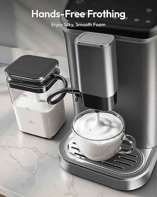 EUHOMY Fully Automatic Espresso Machine, 20 Bar Coffee Maker with Grinder and Integrated Milk Frother, Automatic Espresso Machine with Touch Screen, 15-Grind Settings Coffee Machine for Home, Silver