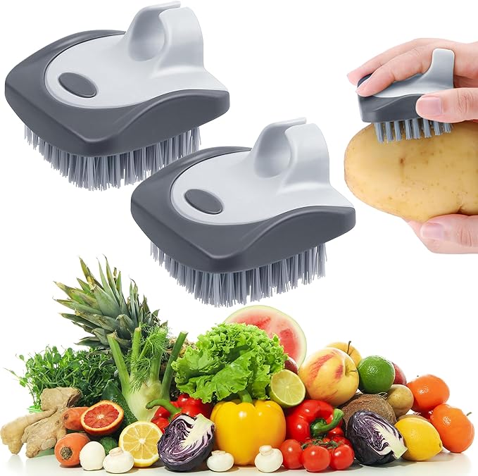 Aodaer 2 Pieces Vegetable Brush Potato Scrubber Brush Silicone Hard and Soft Side Fruit Cleaning Tools for Delicate or Tough-Skinned Vegetables, Dark Gary
