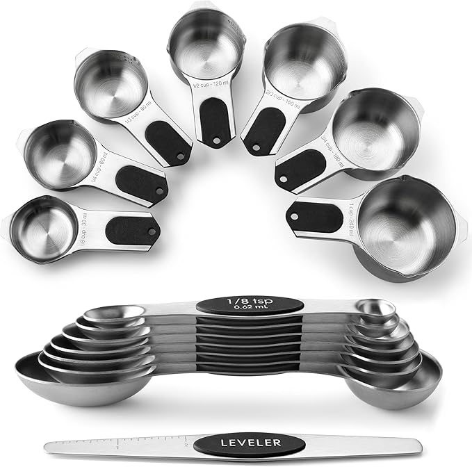 Spring Chef Magnetic Measuring Cups & Spoons Set, Patented, Strong N45 Magnets, Heavy Duty Stainless Steel Fits in Spice Jars for Baking & Cooking, BPA Free, Round Set of 15 with Leveler, Black