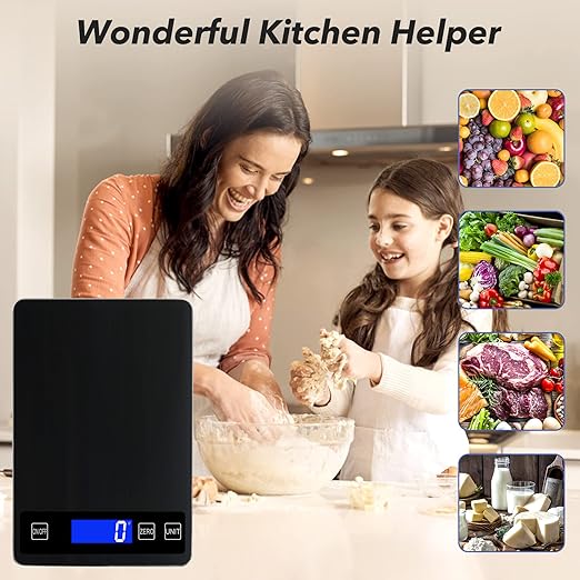 33lb Food Kitchen Digital Scale,1g/0.05oz Precise Graduation, USB Charging Kitchen Scale, Waterproof Stainless Steel with LCD Display, Ounces and Grams for Weight Loss, Cooking, Baking (Black)