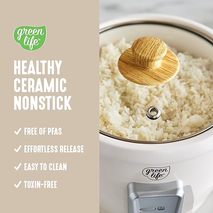 GreenLife Rice Cooker with Removable PFAS-Free Ceramic Nonstick Pot, 3-Cups Uncooked/6-Cups Cooked, Grains & Oatmeal Multicooker, Compact One-Switch Design, Auto Keep Warm, Easy Clean, Cream