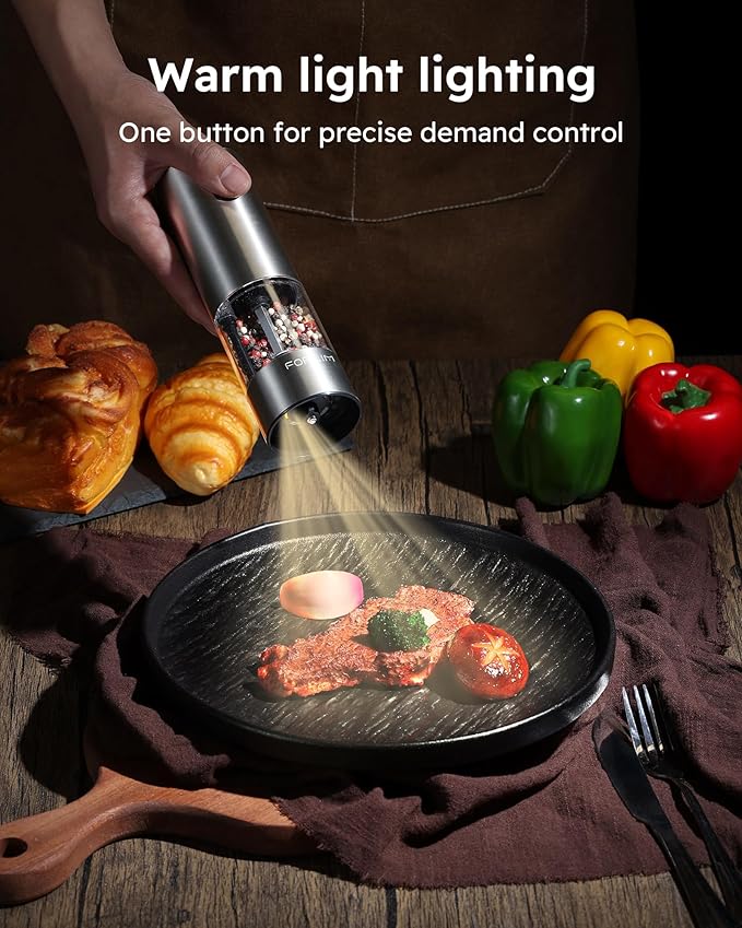 FORLIM Electric Salt and Pepper Grinder Set, USB Rechargeable, Automatic Salt Pepper Mill Grinder with Dust Cover, One-Button Control, Adjustable Coarseness, Warm LED Light (2 Packs, Stainless Steel)