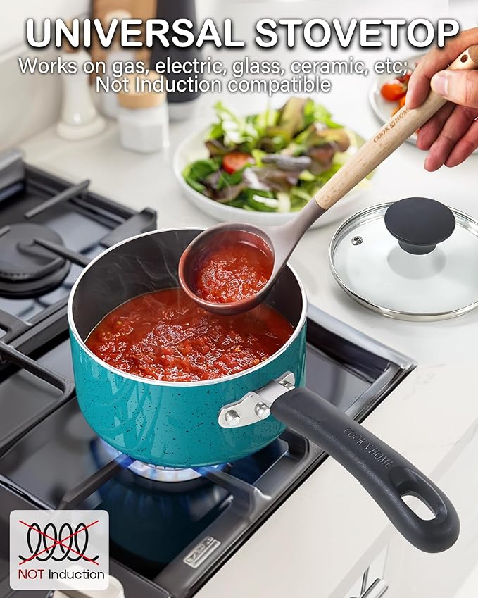 Cook N Home Non Stick Sauce Pan, 2 Quarts Saucepan with Glass Lid, Nonstick Small Multi-purpose Pot, Milk Chocolate Aluminum Cooking Pot Pan with Stay-Cool Handle, Turquoise