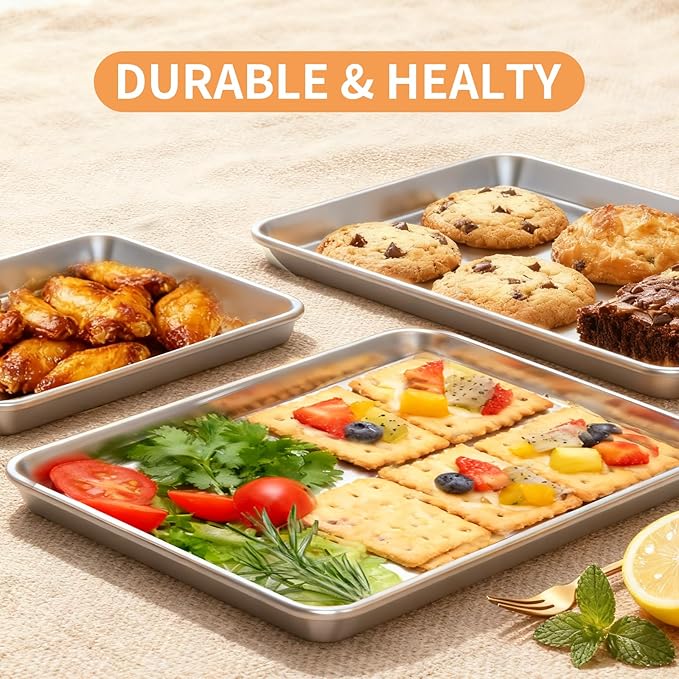 Baking Sheet Set of 3, Stainless Steel Cookie Sheets Baking Sheet Pan, 10.5/12.4/16 Inch, Thicker and Firmer Baking Pans Set, Non-stick, Non toxic & Heavy Duty & Easy Clean，Dishwasher Safe