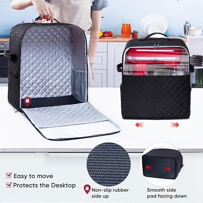 BAGSPRITE Stand Mixer Cover with Appliance Sliders Base Compatible with KitchenAid Mixer-Storage Bag for 4.5/5 Quart with Pockets for Kitchen Aid Accessories and Attachments