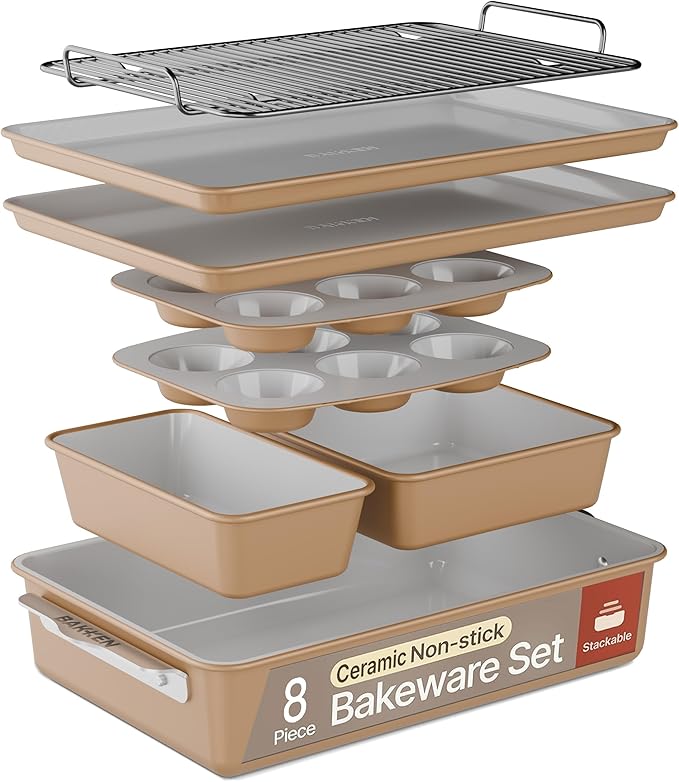 Bakken 8-Piece Stackable Bakeware Set - Ceramic Non-Stick Coating, Baking Sheets, Assorted Baking Pans, PTFE, PFOA & PFOS Free - Healthy Baking, Ergonomic Handles, Cooling Rack, Non-Toxic, Oven-Safe