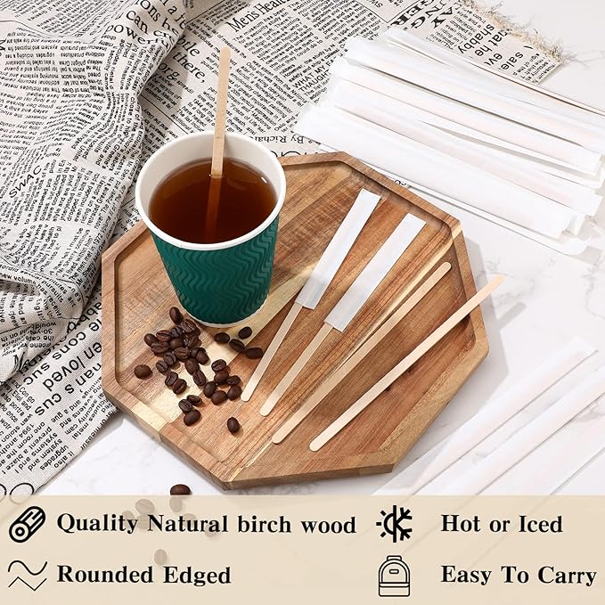 3000 Pcs Individually Wrapped Wooden Coffee Stirrers, Disposable Coffee Stir Sticks Round End Sticks Bulk Wood Stirrers for Cocktail Hot Drinks Restaurant Bar Home Office (7 Inch)
