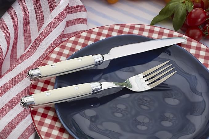 Cambridge Silverware Set, Jubilee White 16-Piece Flatware Set, Service for 4, 18/0 Stainless Steel, Silver Mirror Finish Beige Handles, Knives Spoons and Forks set, Dishwasher Safe, (Beige, 16 Pieces)
