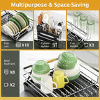 Epicano Dish Drying Rack for Kitchen Counter,Space-Saving Dish Rack,Rustproof Dish Drainer with Utensil Holder and Knife Slots for Sink,Kitchen Drying Rack with Wooden Handle and Cup Holder, Silver