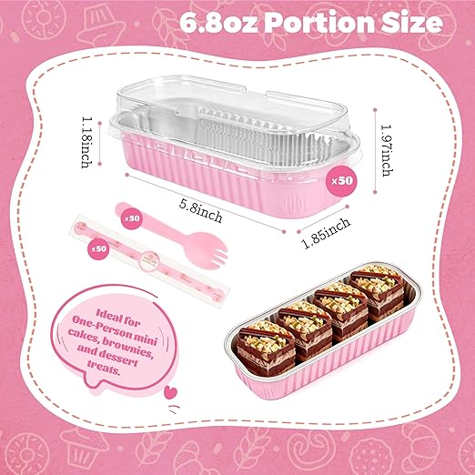 NPLUX 100 Pack Mini Cake Pans with Lids and Spoons Rectangular Aluminum Foil Baking Pans Mini Cheesecake Containers(6.8oz)