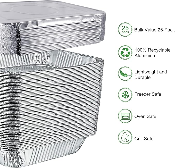 GrillChef Aluminum Foil Pans with Lids, Disposable 9x13 Baking Pans, 25 Pack Tin Foil Holders Half Size for Cake, Steam Table, Cooking, Heating, Storing, Aluminum Trays Heavy Duty