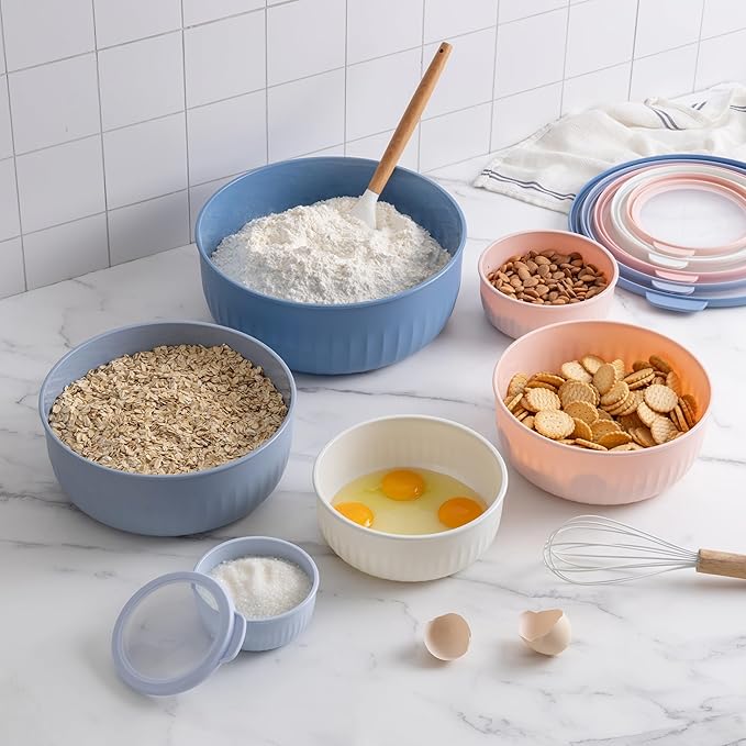 COOK WITH COLOR Prep Bowls with Lids- Wide and Deep Nesting Plastic Small Mixing Bowl Set with Lids, 12 Piece Set - Wide Bowls, Blue/Pink
