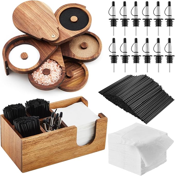 Mifoci Acacia Wood 5 Tier Bar Glass Rimmer Bartender Tool with 12 Pcs Stainless Steel Classic Bottle Pourers, Bar Caddy with 6 Compartment, 1000 Pcs Coffee Cocktail Stirrers, 200 Napkins