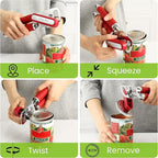 Spring Chef Stainless Steel Can Opener - Manual with Soft Grip Handles, Easy Turn, Heavy Duty Hand Can Opener for Seniors with Smooth Edge - Red
