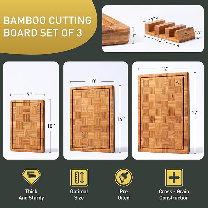 3 Pack Heavy Duty Bamboo Cutting Board Set Non Toxic Wooden Cutting Board for Kitchen Non Slip Solid End Grain Thick Wood Juice Groove Chopping Board Extra Large Butcher Block Best House Warming Gift