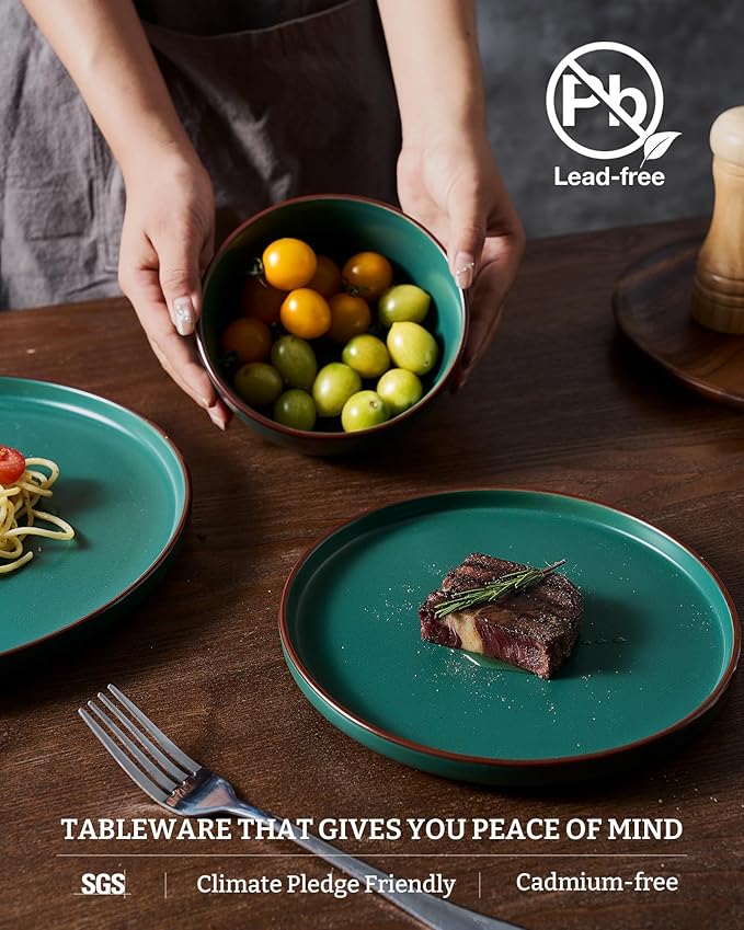 Famiware Mercury Plates and Bowls Sets, 12 Pieces Stoneware Dinnerware Sets, Dishes Set for 4, Microwave and Dishwasher Safe, Dark Green