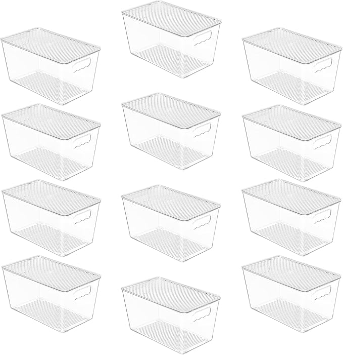Vtopmart 12 Pack Clear Stackable Storage Bins with Lids, Medium Plastic Containers with Handle for Pantry Organizer and Storage,Perfect for Kitchen,Fridge,Cabinet, Closet,Bathroom Organization