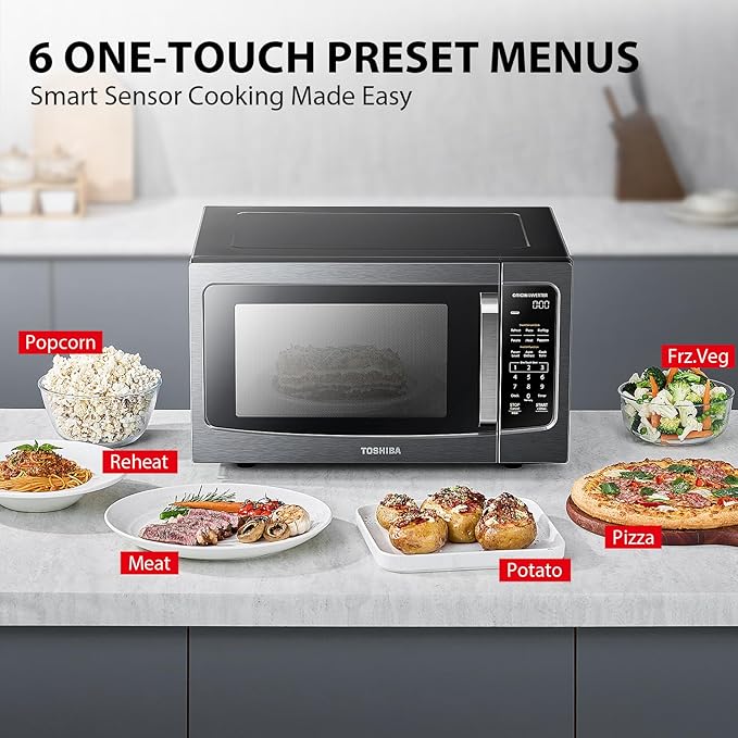 TOSHIBA ML-EM45PIT(BS) Countertop Microwave Oven with Inverter Technology, Kitchen Essentials, Smart Sensor, Auto Defrost, 1.6 Cu.ft, 13.6" Removable Turntable, 33lb.&1250W, Black Stainless Steel