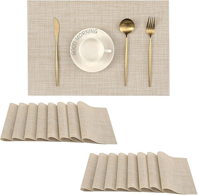 Leetaltree Beige Placemats Set of 16 - Heat Resistant Non-Slip Place mats for Dining Table, Washable Durable PVC Vinyl Woven Table Mats(Beige, 16)