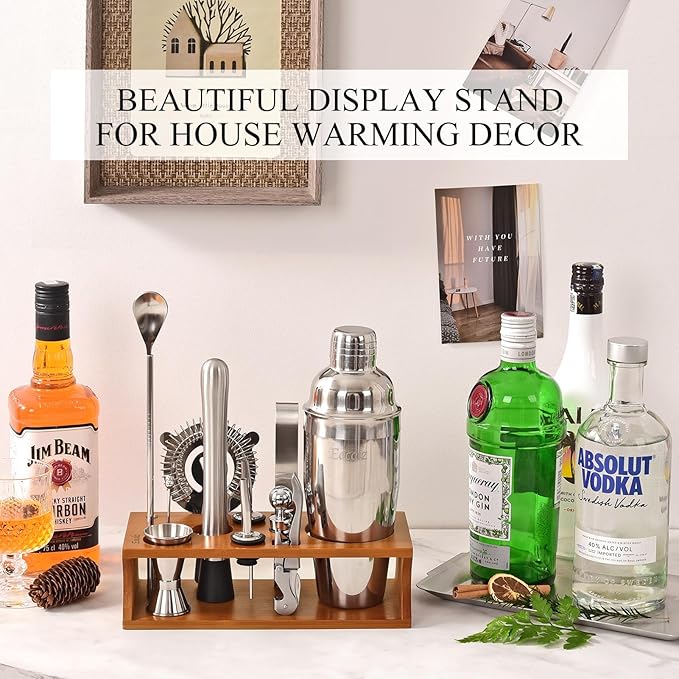 Bartender Kit Cocktail Shaker Set with Stand Bar Tool Bar Set for Drink Mixing Home Bartending Kit 17-Piece Bar Cart Accessories: Martini Shaker, Mixer Spoon, Jigger, Muddler, Strainer & Recipes Gifts