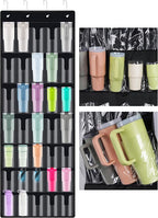 NiHome 35-Pocket Large Capacity Door Cup Organizer for Stanley Tumblers 30oz, 40oz, Door Hanging Water Bottle Storage with Double-Sided Tape Stabilizer, Waterproof Oxford Fabric, Transparent, BPA-Free