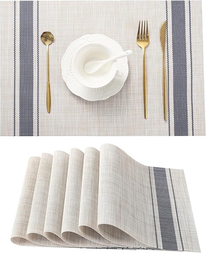 Leetaltree Khaki-Blue Placemats, Heat Resistant Non-Slip Place mats for Dining Table, Washable Durable PVC Vinyl Woven Table Mats (Set of 6)