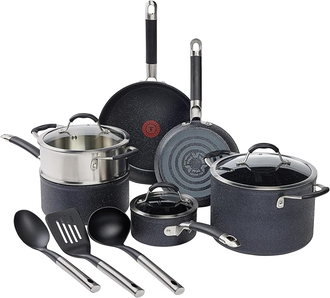 T-fal Stone Force Platinum Non Stick Cookware Set 12 Piece, Oven Broiler Safe 400°F, Kitchen Cooking Set w/Fry Pans, Saucepans, Dutch Oven, Tools, Steamer Insert, Lids, Cookware, Dishwasher Safe Black