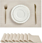 Leetaltree Beige White Placemats Set of 8 - Heat Resistant Non-Slip Place mats for Dining Table, Washable Durable PVC Vinyl Woven Table Mats(Beige White, 8)