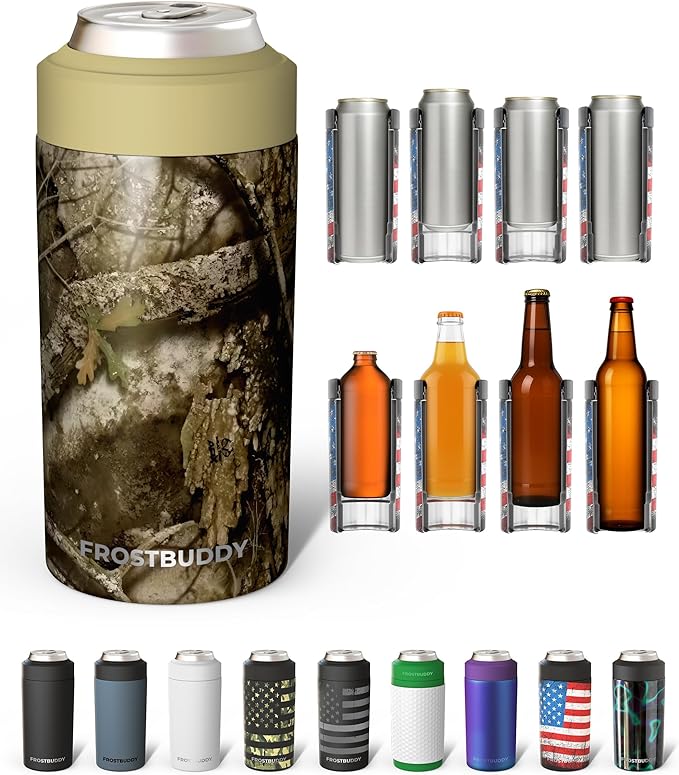 Frost Buddy Universal Can Cooler - Fits all - Stainless Steel Can Cooler for 12 oz & 16 oz Regular or Slim Cans & Bottles - Stainless Steel (RealTree APX)