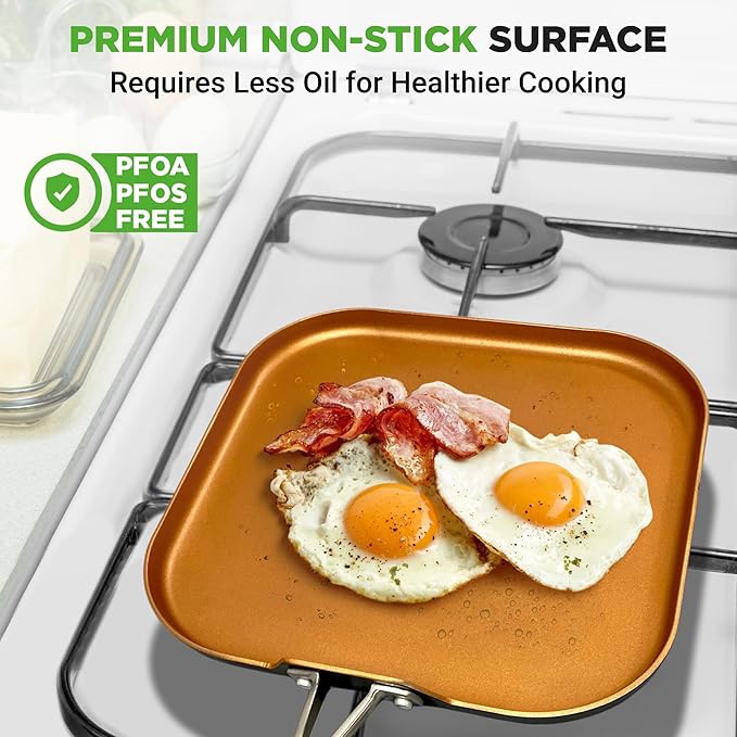 NutriChef Copper Pan Non-Stick Coating Inside, Hard-Anodized Look Heat Resistant Lacquer Outside, Silicone Handle NCSQPA, 1 Griddle