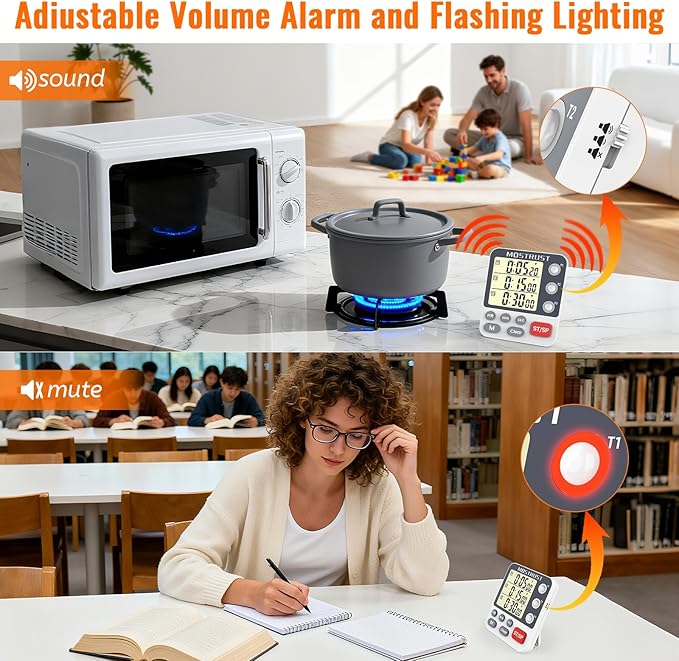 Digital Dual Kitchen Timer, 3 Channels Countdown Triple Timer for Cooking, Magnetic Memory-Preset Large Display Adjustable Alarm Volume, Multi Times Management, 3A Battery Included, White