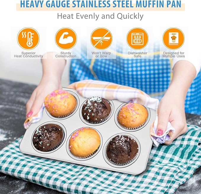 E-far Muffin Pan Set of 4, Stainless Steel Muffin Pan Tin for Baking, 6-Cup Metal Cupcake Pan Tray, Non-toxic & Healthy, Oven & Dishwasher Safe, Regular Size - 11.44 x 7.12 x 1.25 Inch