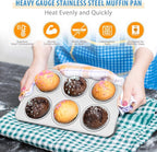 E-far Muffin Pan Set of 2, Stainless Steel Muffin Pan Tin for Baking, 6-Cup Metal Cupcake Pan Tray, Non-toxic & Healthy, Oven & Dishwasher Safe, Regular Size - 11.44 x 7.12 x 1.25 Inch